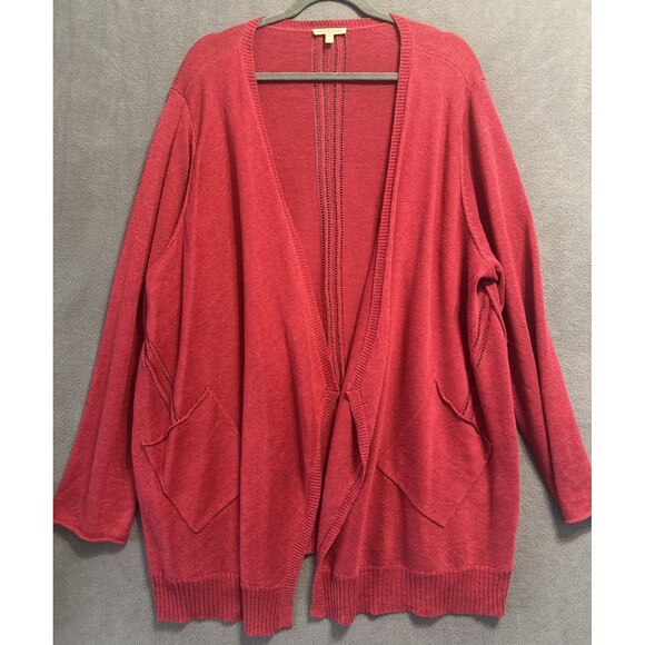 Eileen Fisher 100% Linen Cardigan Open Front Sweater Plus Size 3X Red Pockets - Picture 1 of 8